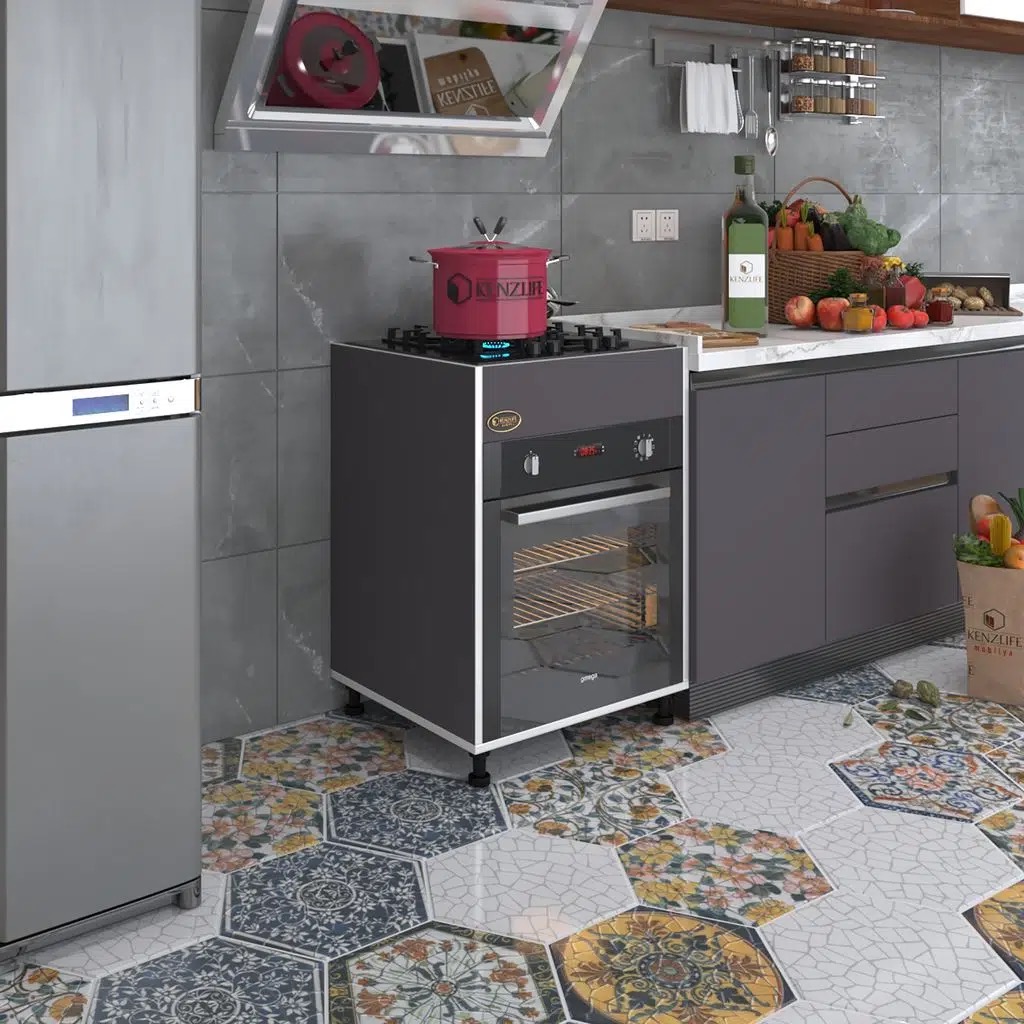Kenzlife ankastre modülü kabini şirpençe gri 85*60*56 fırın ocak dolabı ayarlı ayaklı üstten