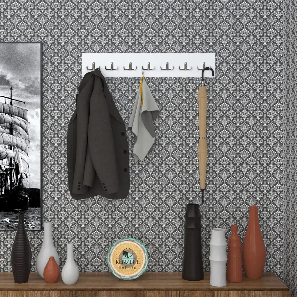 Kenzlife askılık tokadi mat beyaz renk suntalam 07 adet metal krom renk portmanto