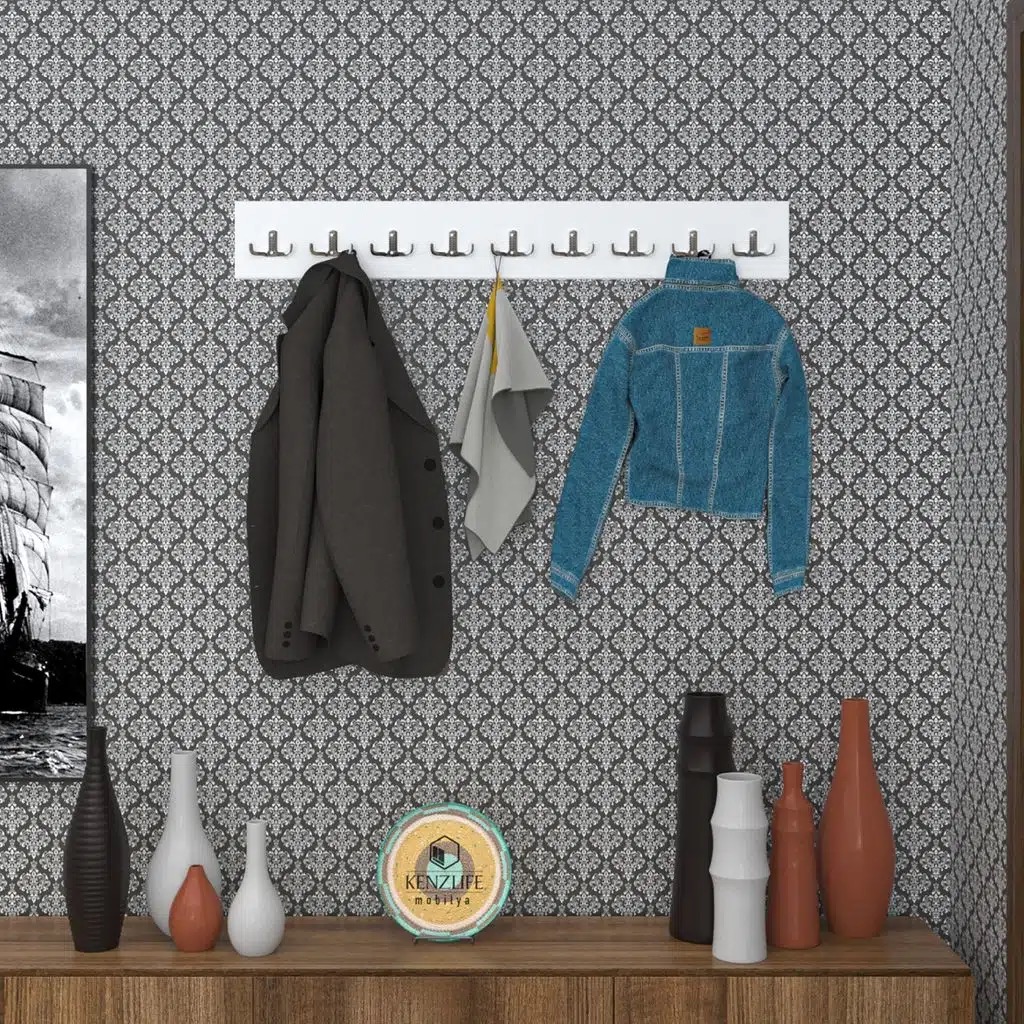 Kenzlife askılık tokadi mat beyaz renk suntalam 09 adet metal krom renk portmanto