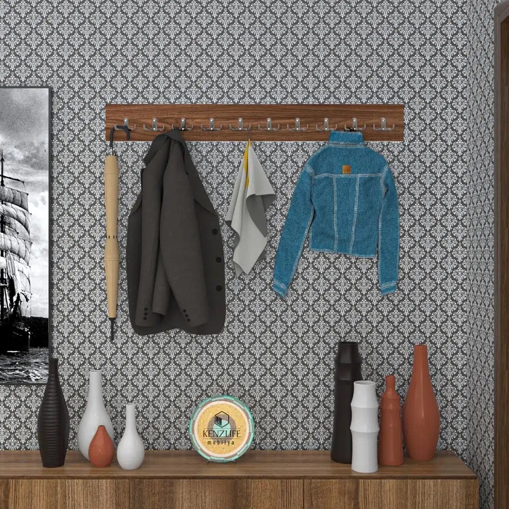 Kenzlife askılık tokadi mat ceviz renk suntalam 10 adet metal krom renk portmanto