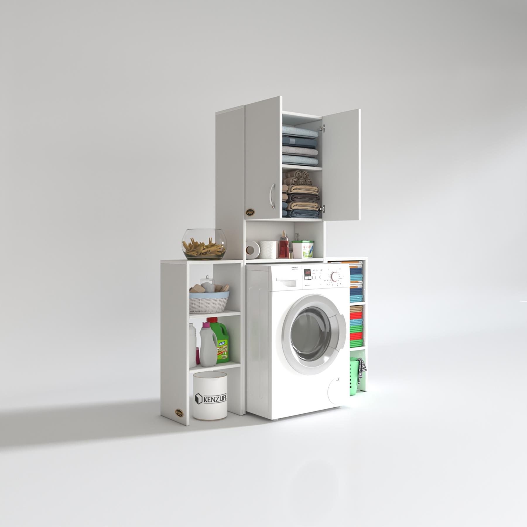 Kenzlife çamaşır makinesi dolabı sinemmaks byz 180*096*30 banyo kapaklı arkalıklı raflı