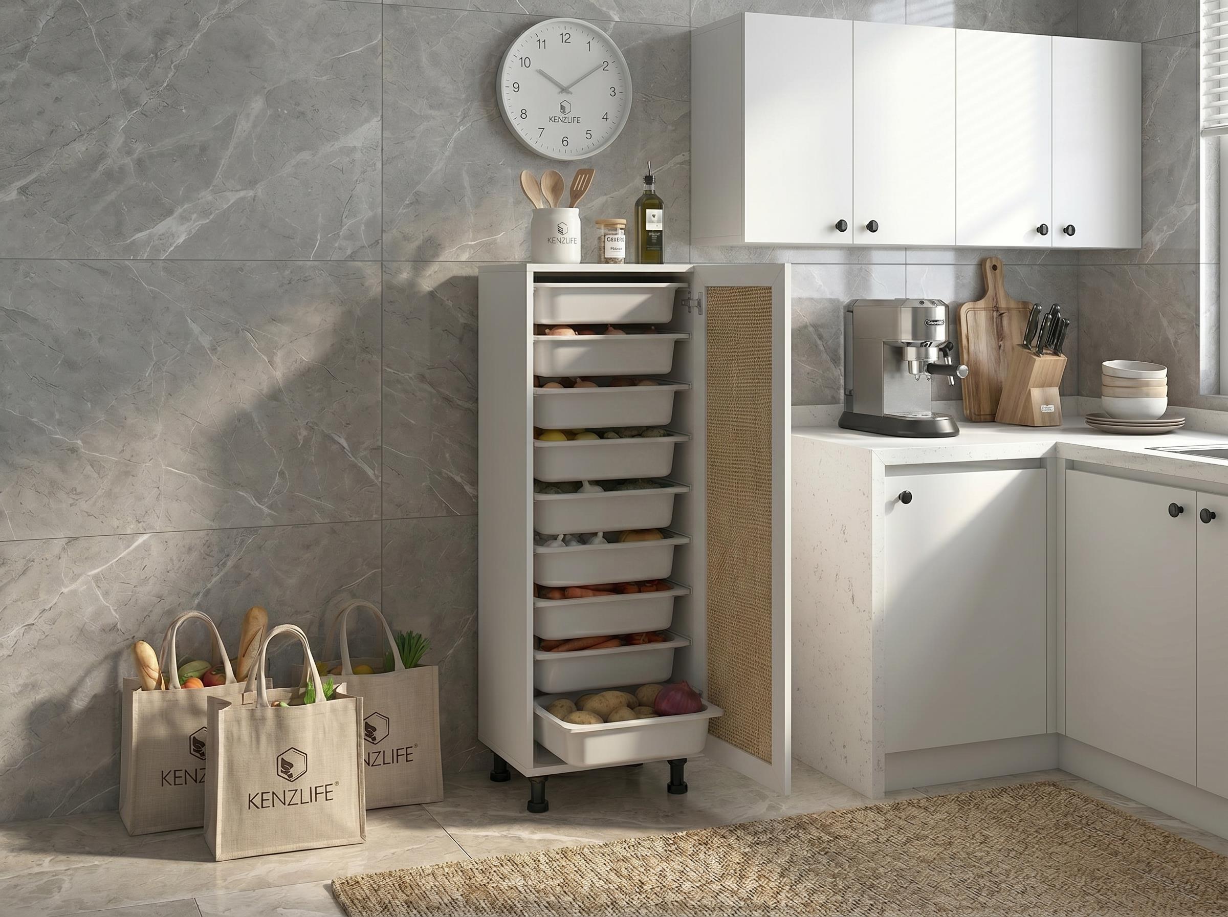 Kenzlife sepetli kilitli mutfak dolabı ruberukilit mat beyaz 122*45*30 jut kare kapak suntalam gövde