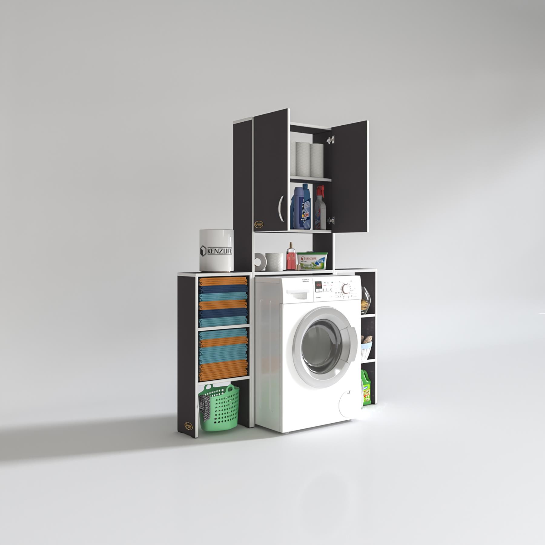 Kenzlife çamaşır makinesi dolabı veronikamaks gri 180*096*20 banyo kapaklı arkalıksız raflı