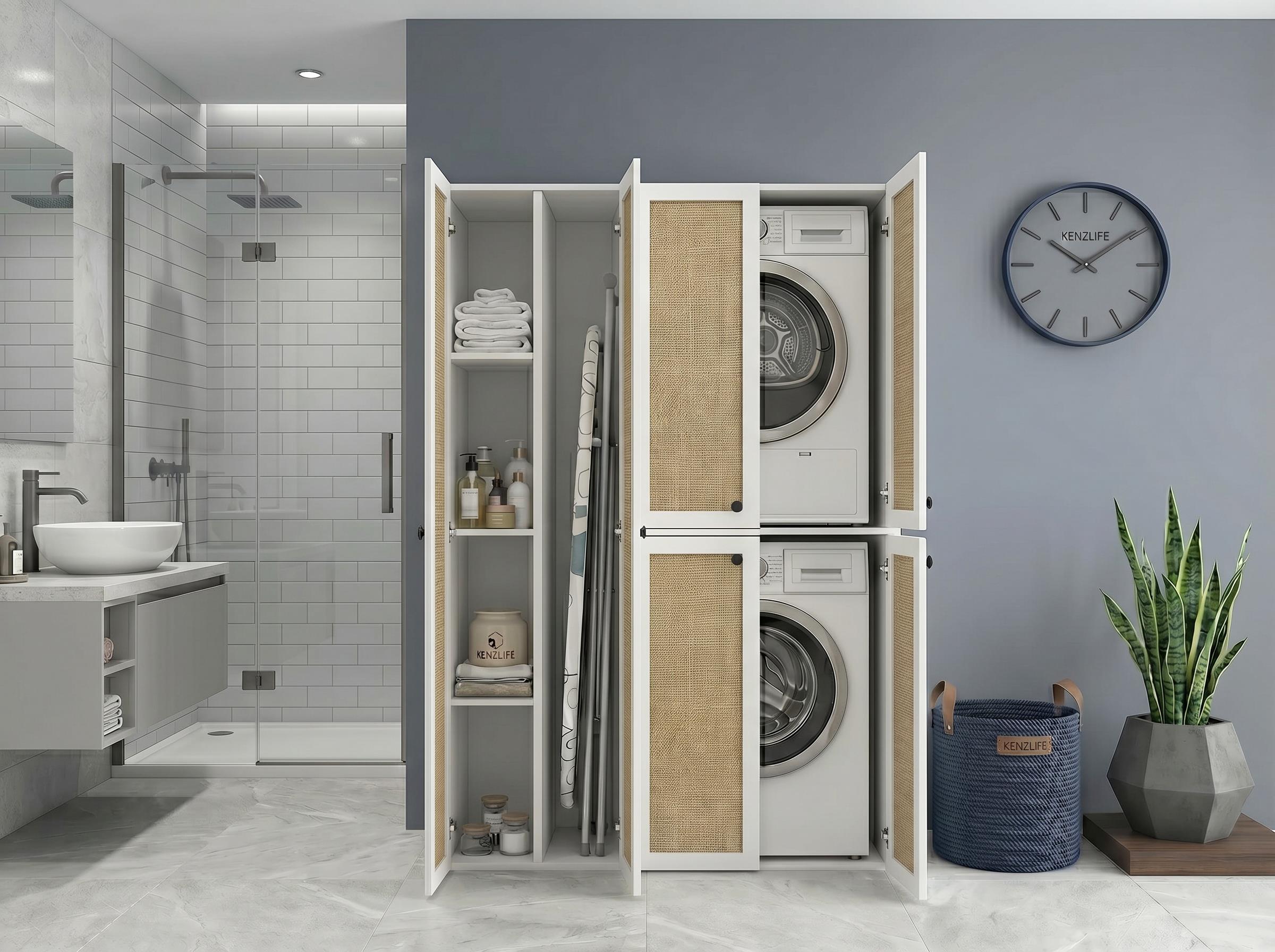Kenzlife çamaşır-kurutma makinesi dolabı yaromira sol mat beyaz 180*120*64 jut kare kapak suntalam gövde