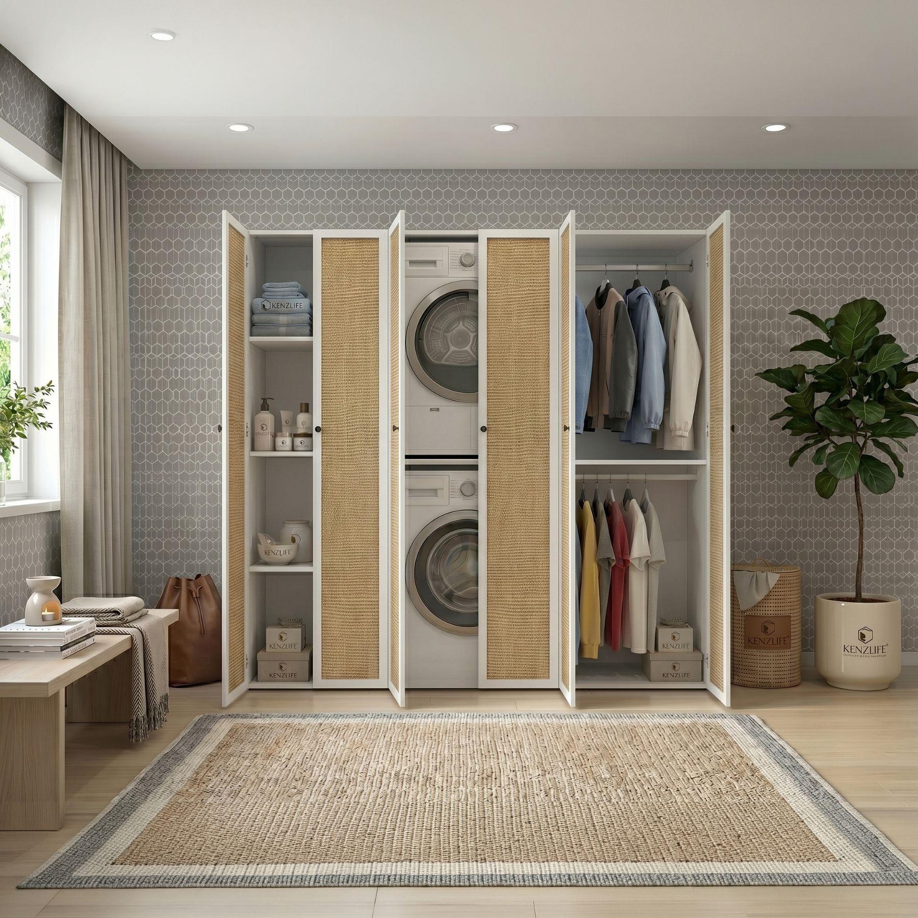 Kenzlife çamaşır-kurutma makinesi dolabı ve giysi dolabı suyuti sol mat beyaz 180*170*60 jut kare kapak suntalam gövde
