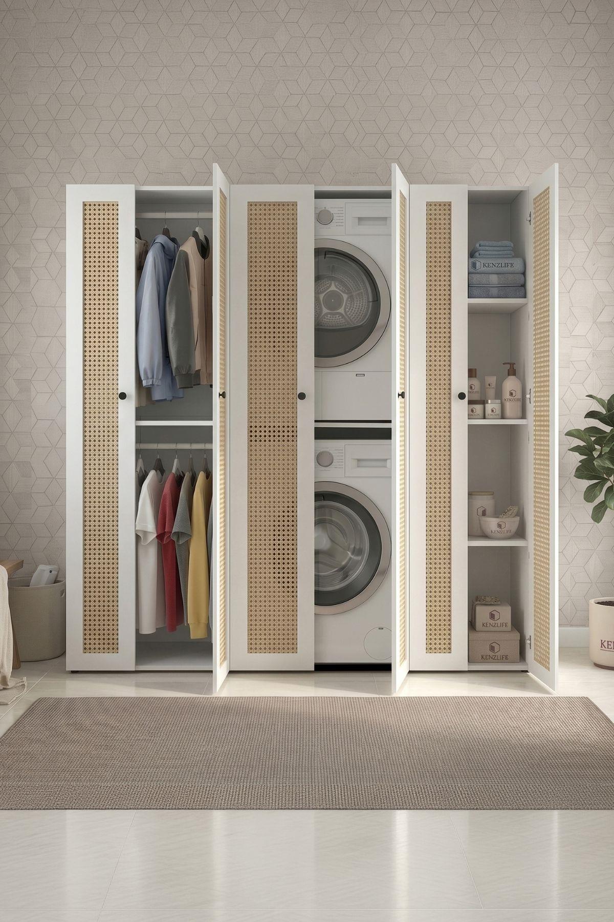 Kenzlife çamaşır-kurutma makinesi dolabı ve giysi dolabı suyuti sağ mat beyaz 180*170*60 hazeran kare kapak MDF gövde