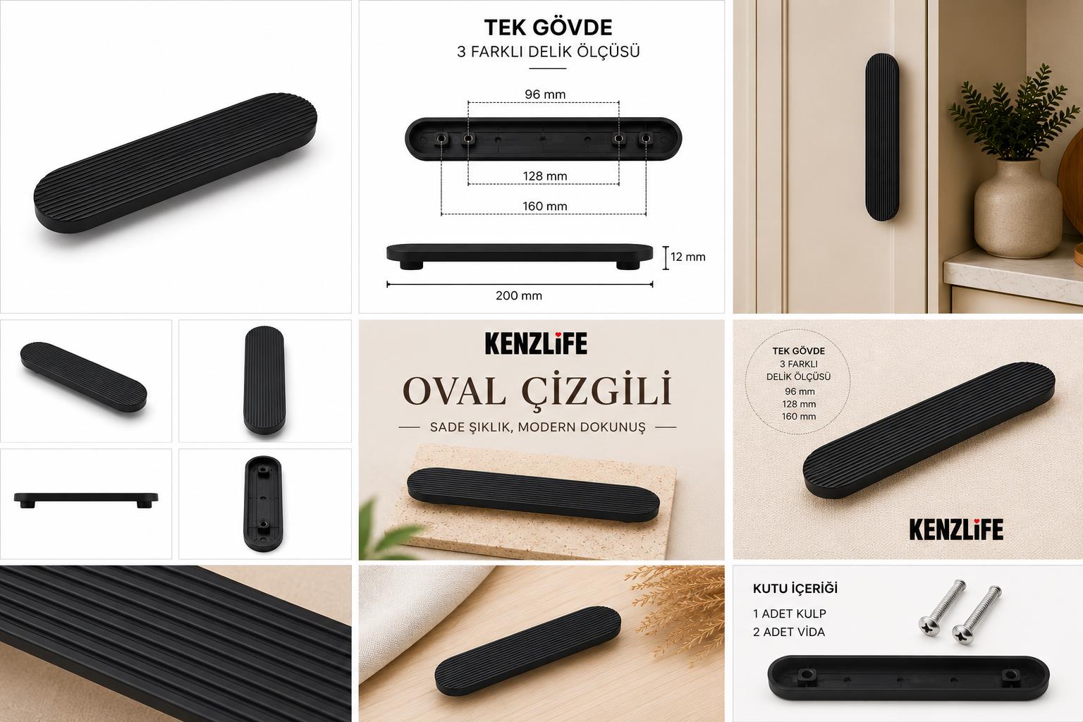 Kenzlife mobilya kulpu çizgili oval siyah plastik dolap kulbu 01 adet kulp gardırop vida dahildir