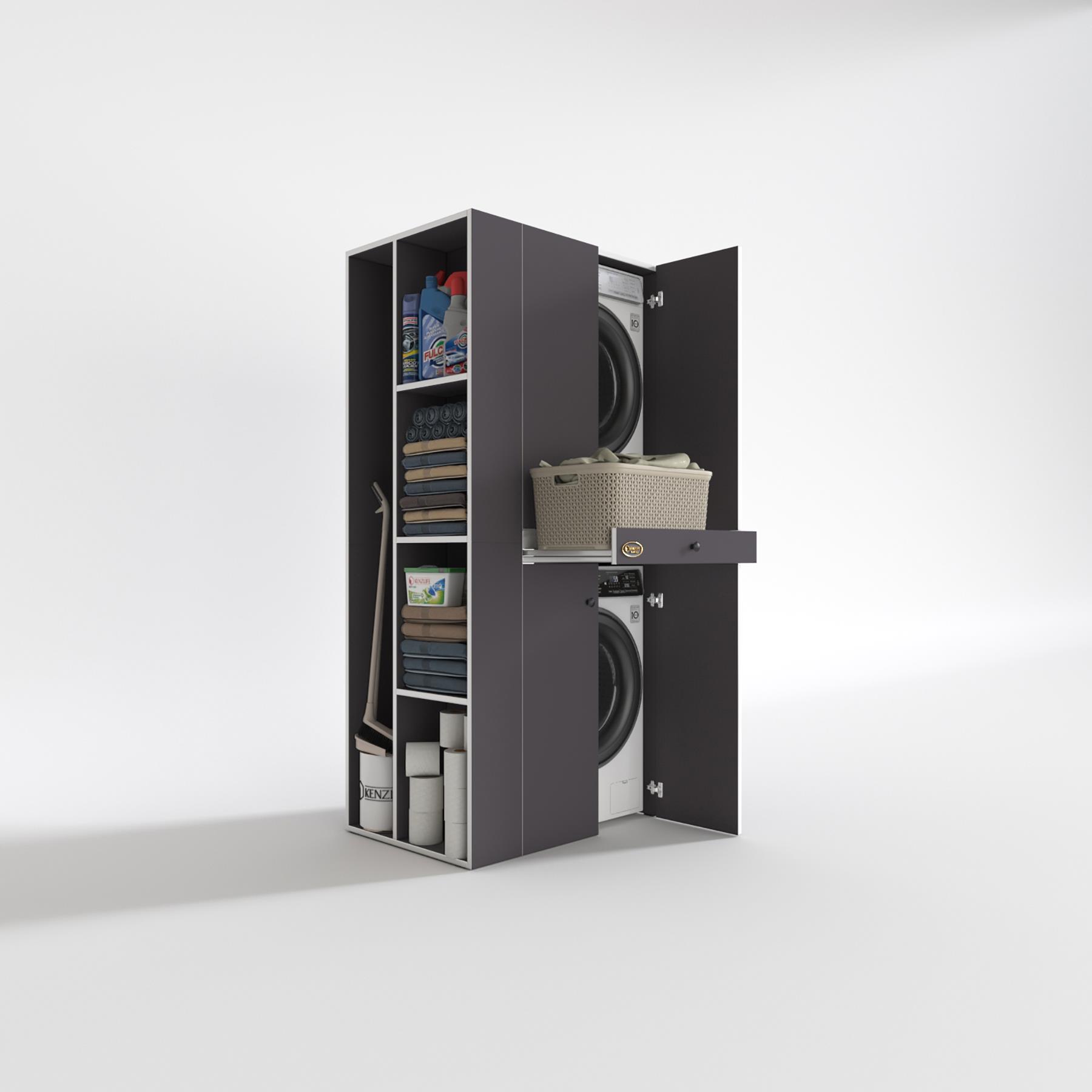 Kenzlife çamaşır-kurutma makinesi dolabı ahi evran sol gri 187*090*60 çekmeceli banyo