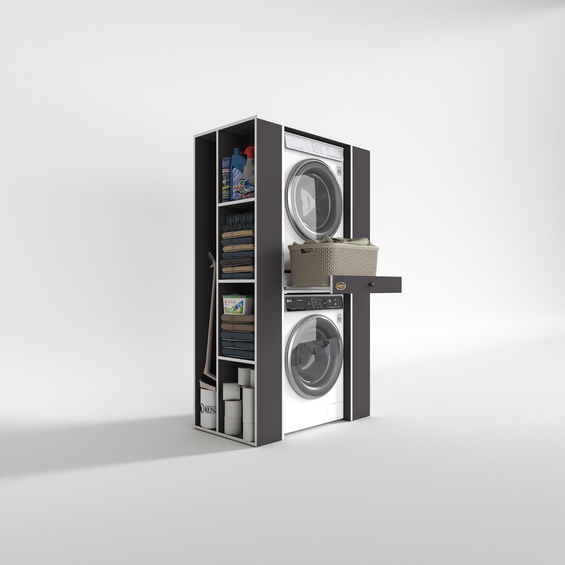 Kenzlife çamaşır-kurutma makinesi dolabı umare gri 187*110*60 çekmeceli raflı banyo