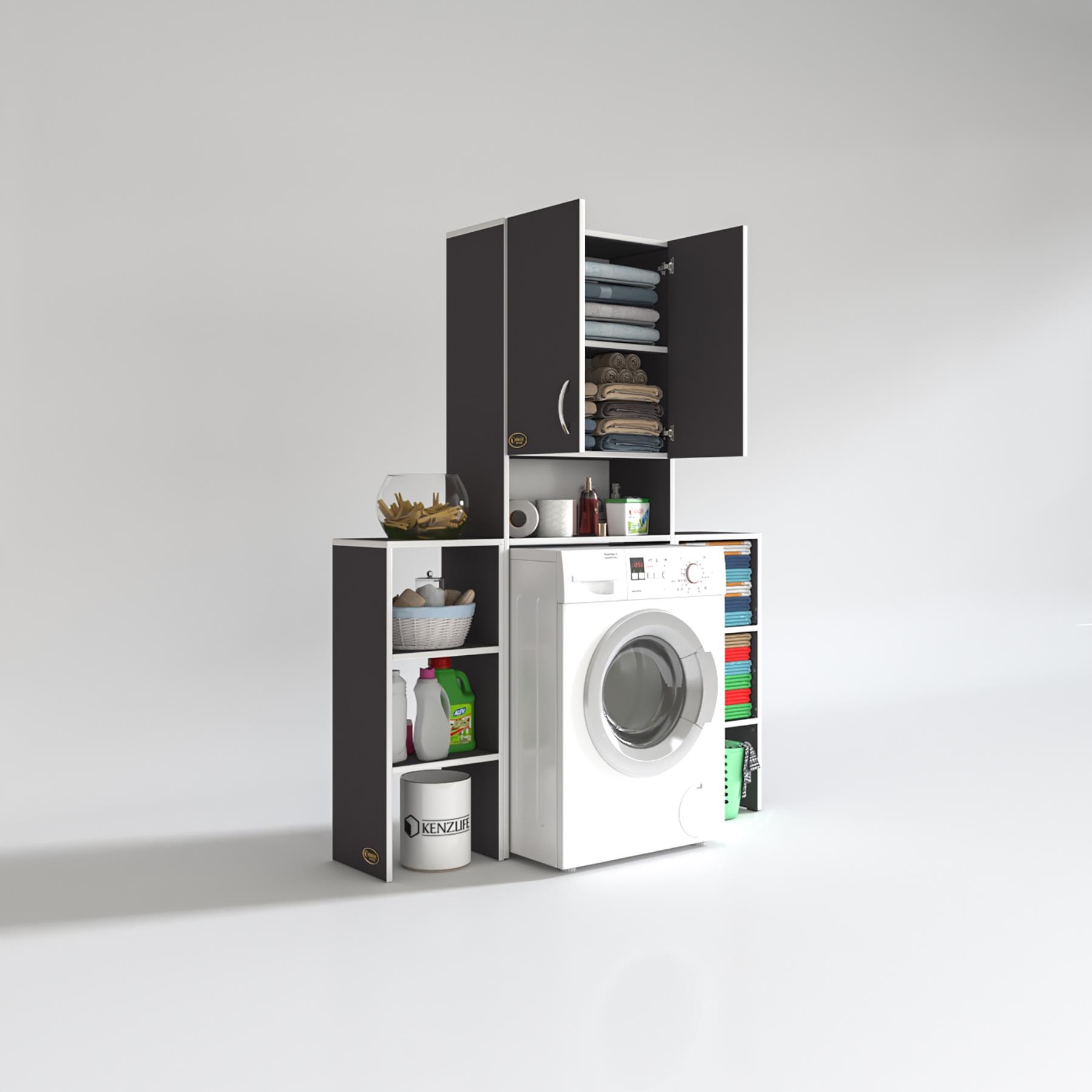 Kenzlife çamaşır makinesi dolabı sinemmaks gri 180*096*30 banyo kapaklı arkalıklı raflı