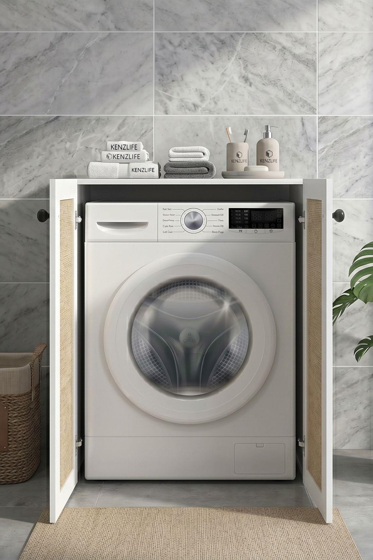 Kenzlife çamaşır makinesi dolabı tatyana mat beyaz 90*70*60 jut kare kapak MDF gövde