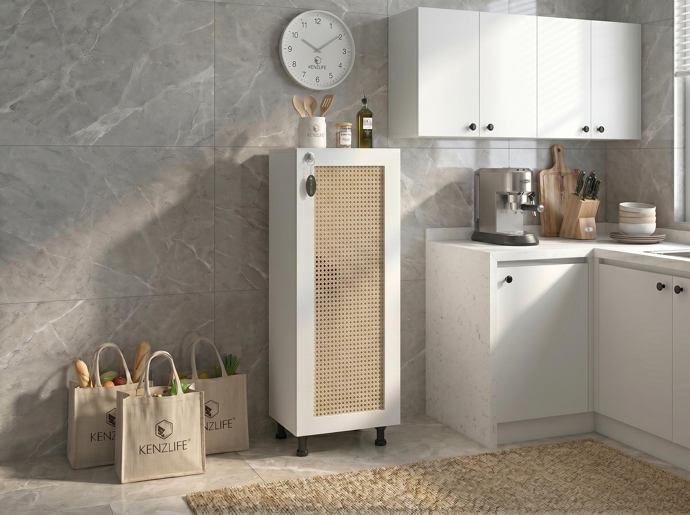 Kenzlife sepetli kilitli mutfak dolabı ruberukilit mat beyaz 122*45*30 hazeran kare kapak suntalam gövde