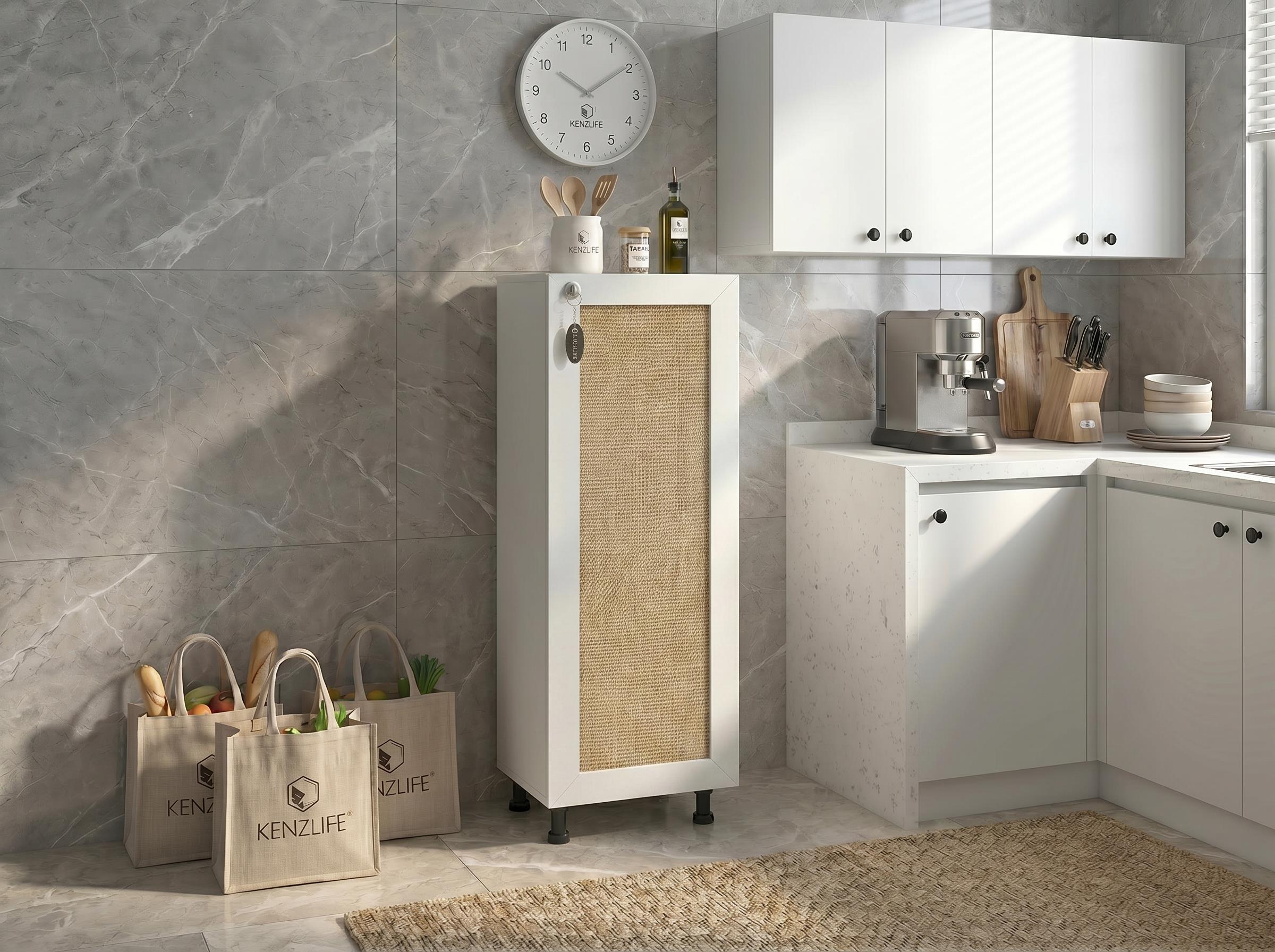 Kenzlife sepetli kilitli mutfak dolabı ruberukilit mat beyaz 122*45*30 jut kare kapak suntalam gövde